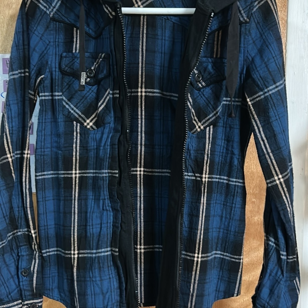 Boys Blue Plaid Hooded Sweater Size M/L - Picture 4 of 10